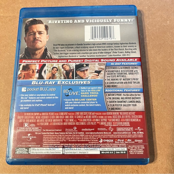 Blu-Ray INGLOURIOUS BASTARDS Quentin Tarantino - Brad Pitt Film Movie - Picture 2 of 2